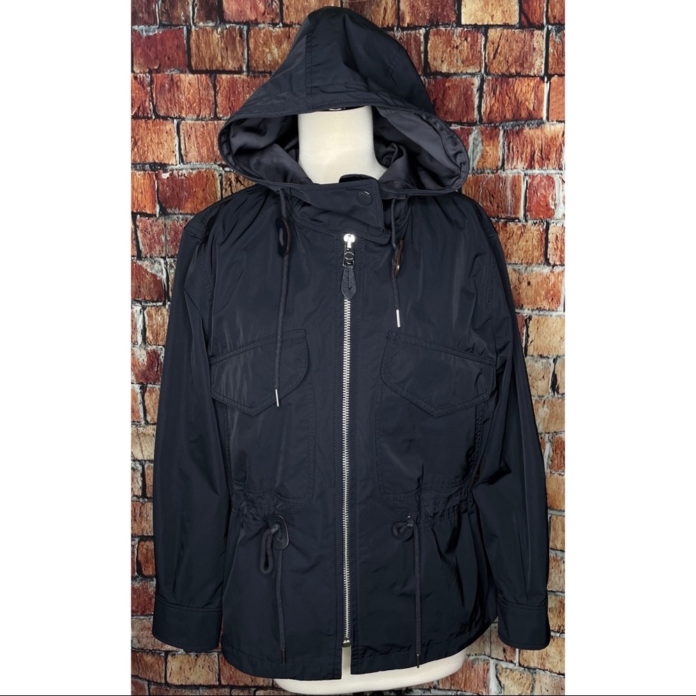 Coach Women’s Navy Blue Small Stadium Hooded Rain Coat Jacket Drawstring Waist